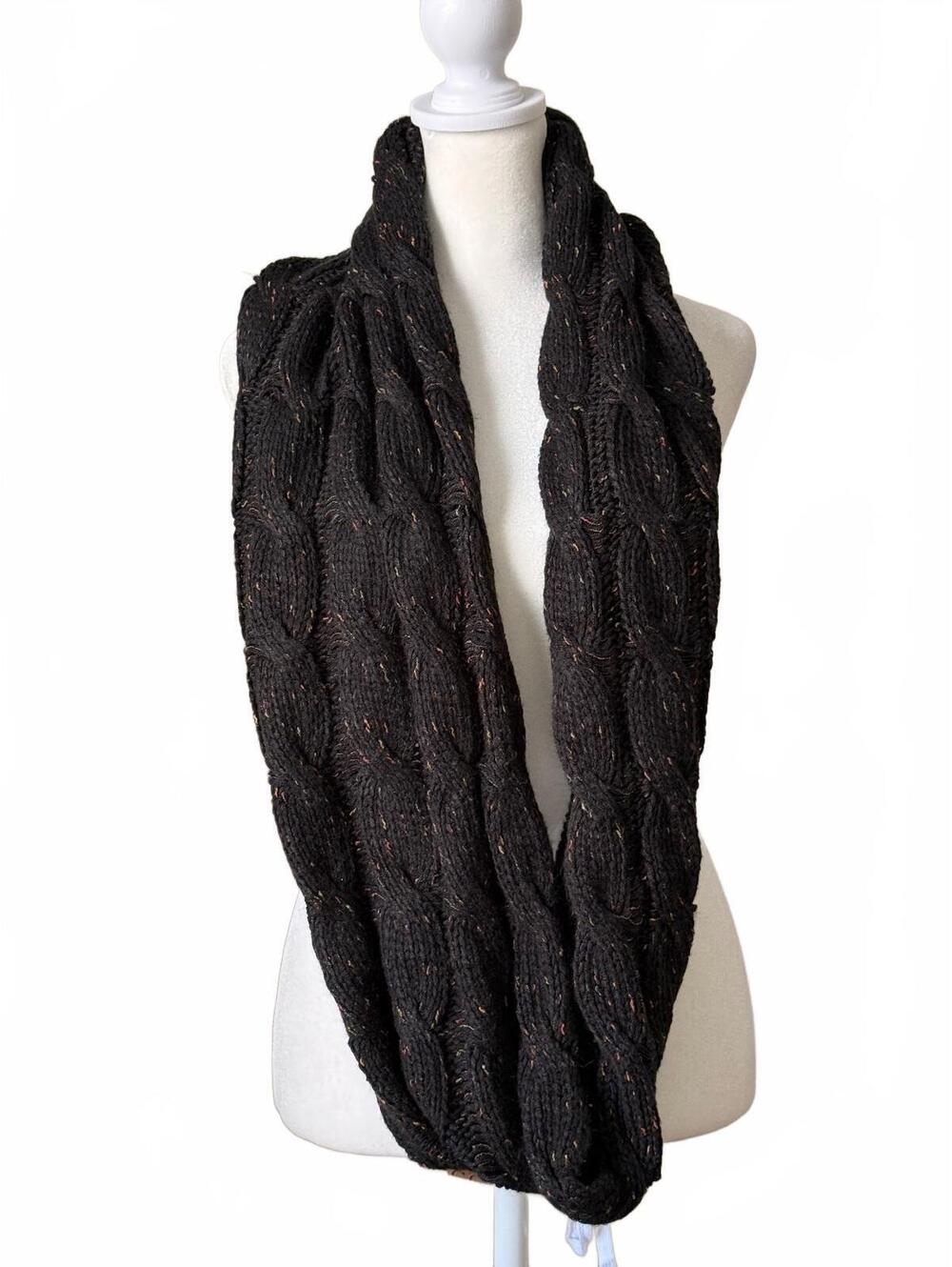 Black Cable Knit Infinity Scarf with Multicolor Flecks. 0089